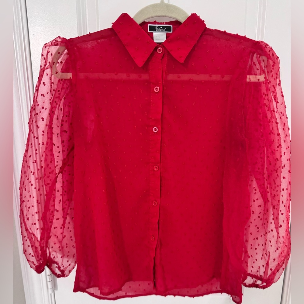 Red Sheer Polka Dot Women's Top sz s